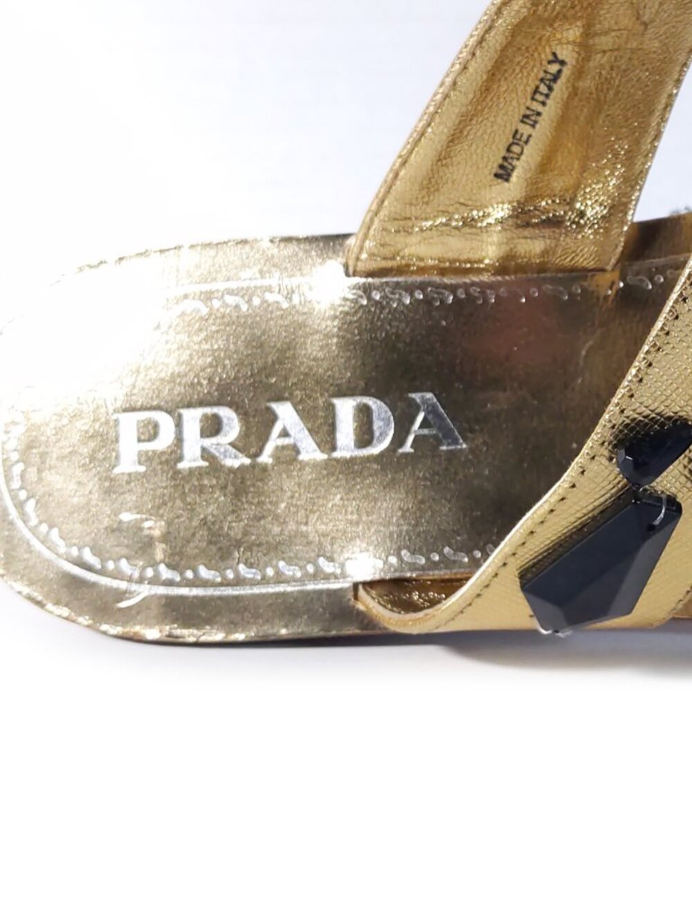 Prada Flat Leather Thong Sandals in Gold with Rhinestones Womens Size 7 - Picture 8 of 14
